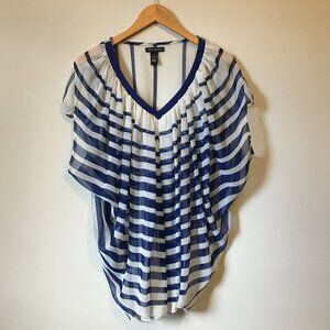 QED London Navy and White Flowing Nightingale Sleeve Blouse S French Girl